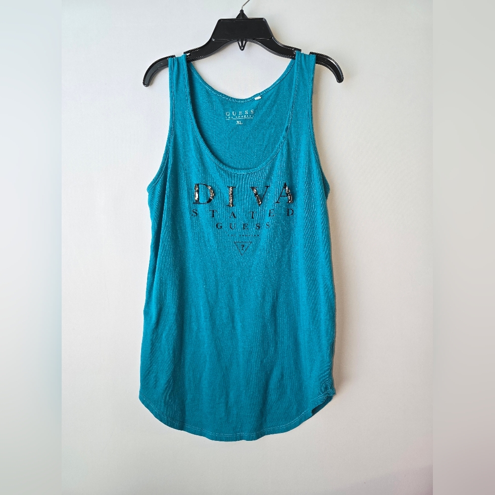 Guess Teal Blue Diva Stated Bedazzled Tank Top XL